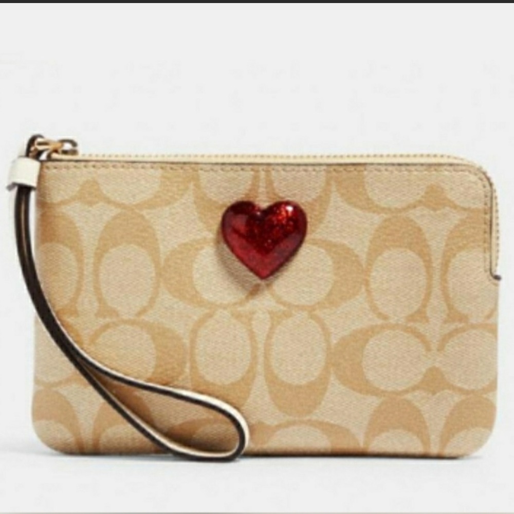 Graphic Coach Signature Print with Chunk Heart Monogram Corner Zip Wristlet.
